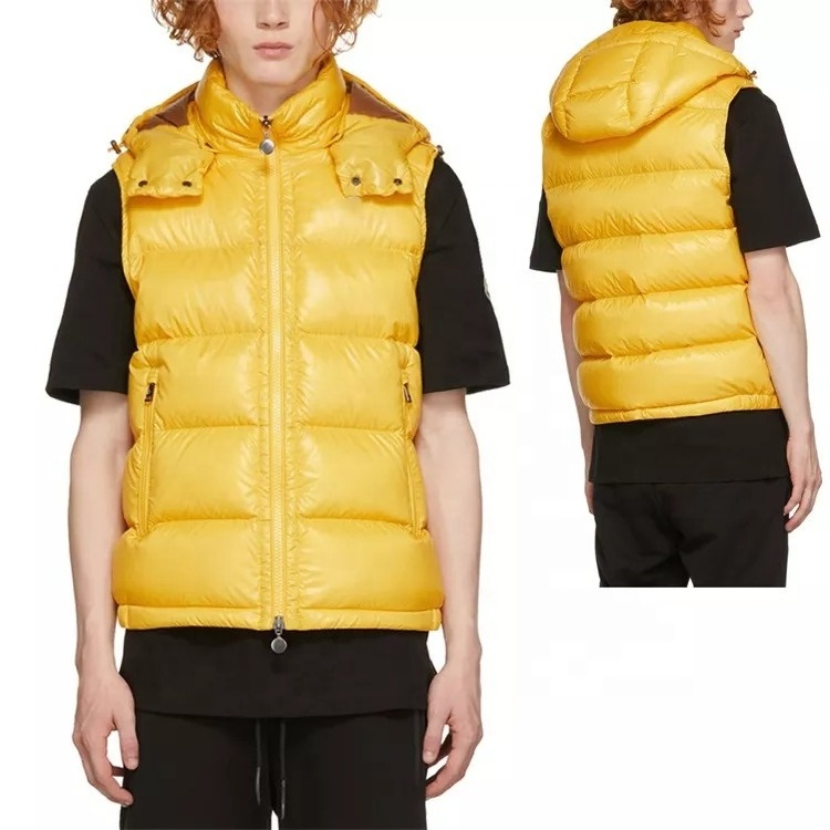 custom yellow nylon Winter multi pocket Gilet Puffer Coat Down Bubble Patchwork Thick puffer shiny vest with hood