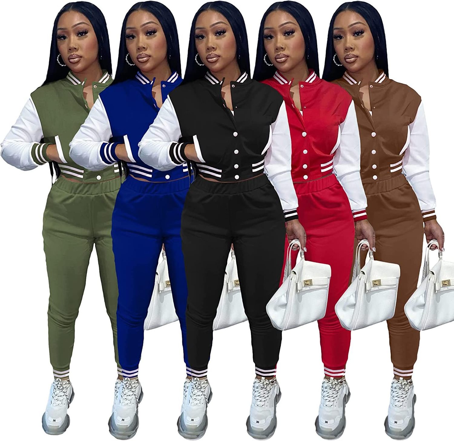 New Fashion Sweat suits for Women Set 2 Piece Patchwork Tracksuits Button Down Crop Bomber Varsity Jacket Pants Set Sexy BestSuppliers