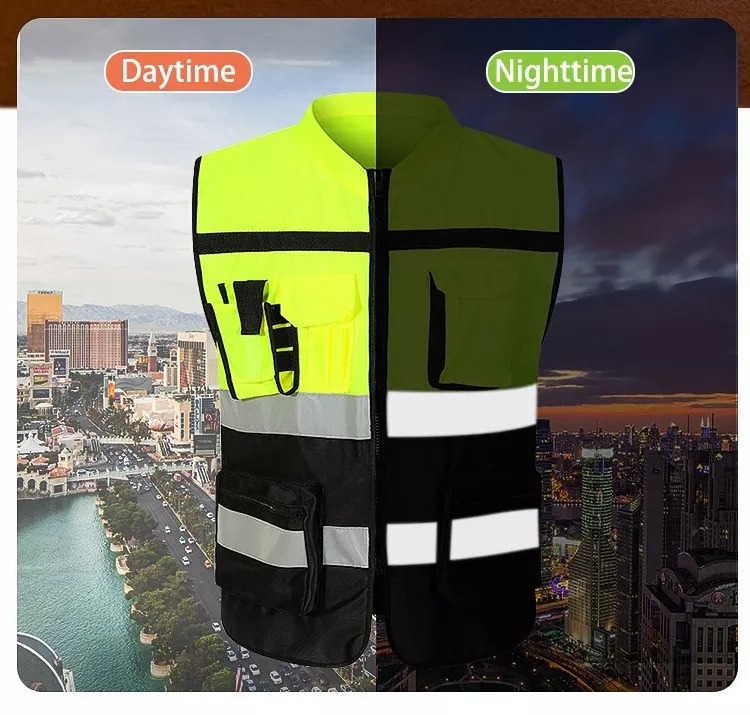 Hi vis reflective fluorescent yellow and black vest size adjustable reflective security safety construction vest for men