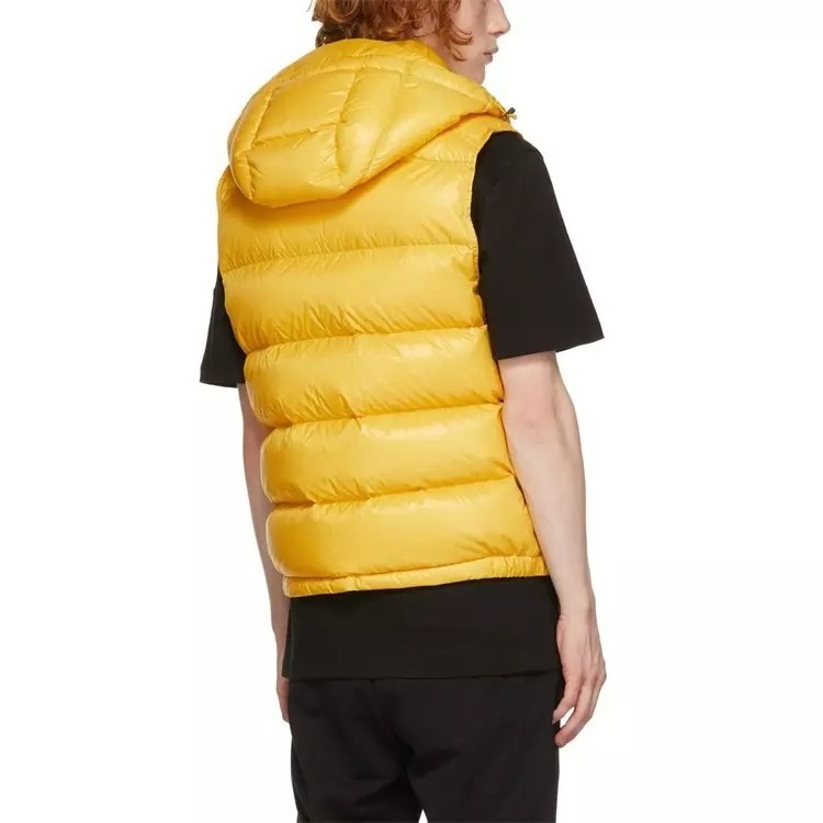 custom yellow nylon Winter multi pocket Gilet Puffer Coat Down Bubble Patchwork Thick puffer shiny vest with hood