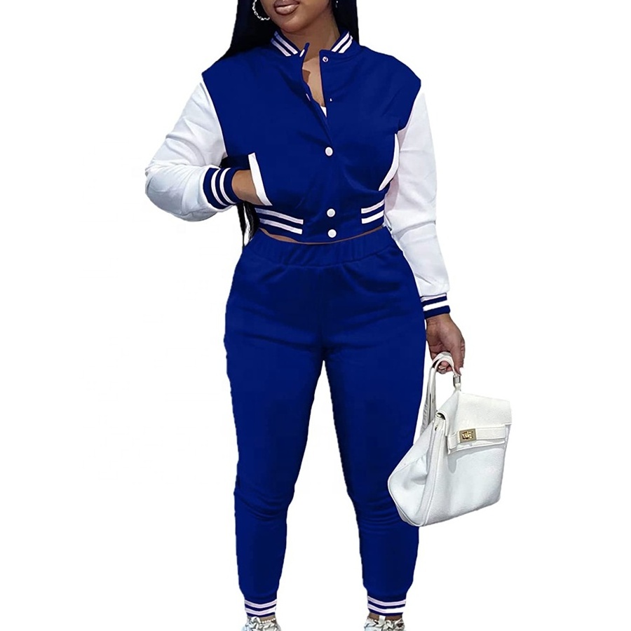 New Fashion Sweat suits for Women Set 2 Piece Patchwork Tracksuits Button Down Crop Bomber Varsity Jacket Pants Set Sexy