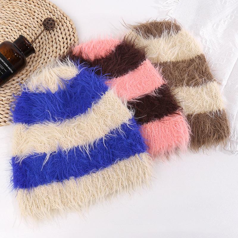 Outdoor  Custom Logo High Quality  Winter Knitted Sports Designer Cashmere Wool Jacquard Striped Mohair Beanie