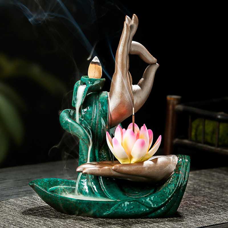 hot sale exquisite Buddha hand ceramic backflow incense burner ceramic aromatherapy bakhoor burner waterfall for home decor