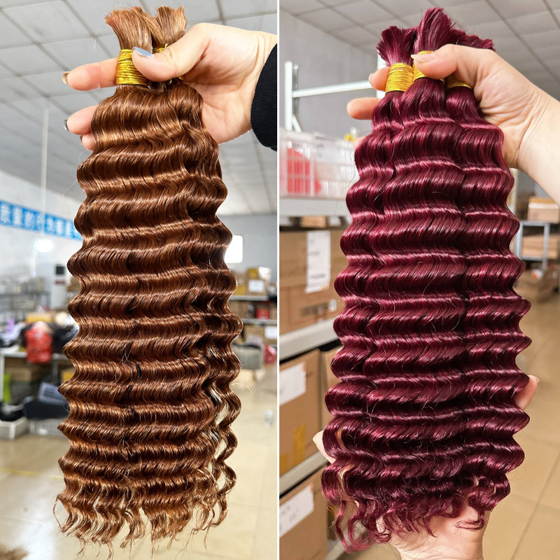 no weft human hair bulk red burgundy indian remy deep wave braiding hair