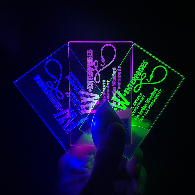 Factory wholesale custom luxury design glow invitations led business card printing nfc acrylic led business card light