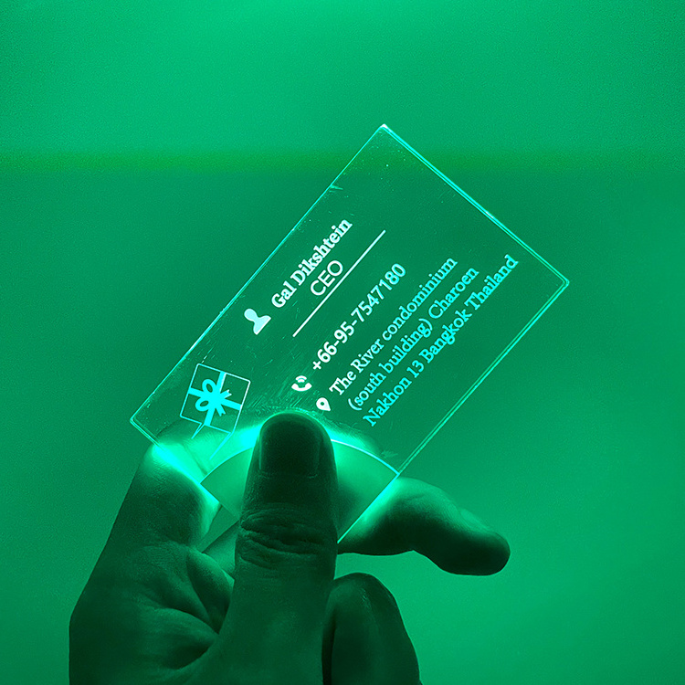 Factory wholesale custom luxury design glow invitations led business card printing nfc acrylic led business card light