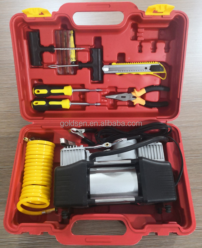 TOLHIT Emergency Car Tyre Repair Tool Kit Heavy Duty  DC 12v Double Cylinder Mini Air Compressor Pump Portable Tire Inflator