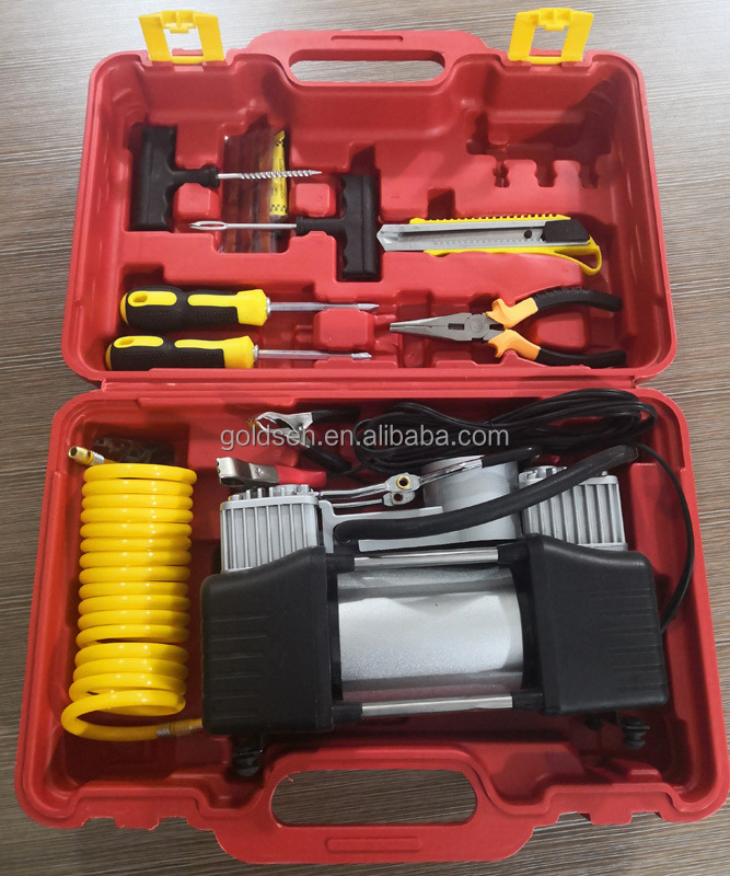 TOLHIT Emergency Car Tyre Repair Tool Kit Heavy Duty  DC 12v Double Cylinder Mini Air Compressor Pump Portable Tire Inflator