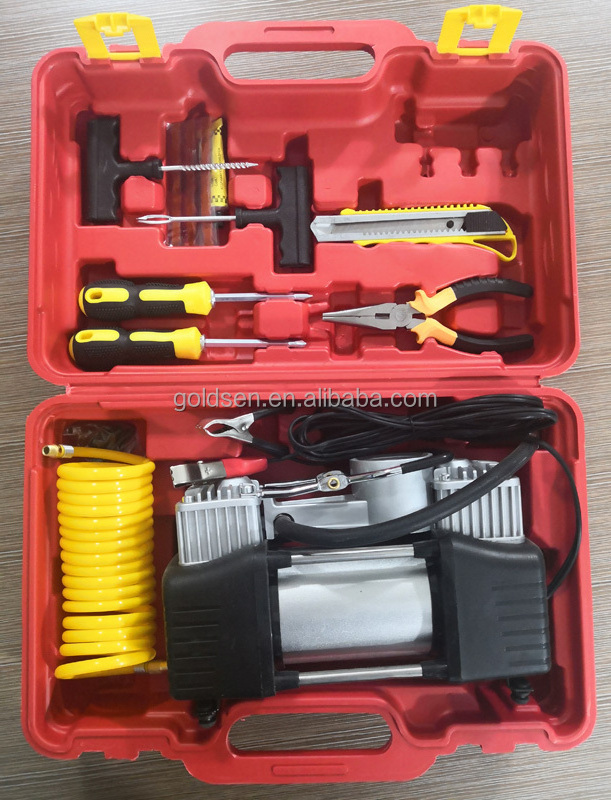 TOLHIT Emergency Car Tyre Repair Tool Kit Heavy Duty  DC 12v Double Cylinder Mini Air Compressor Pump Portable Tire Inflator