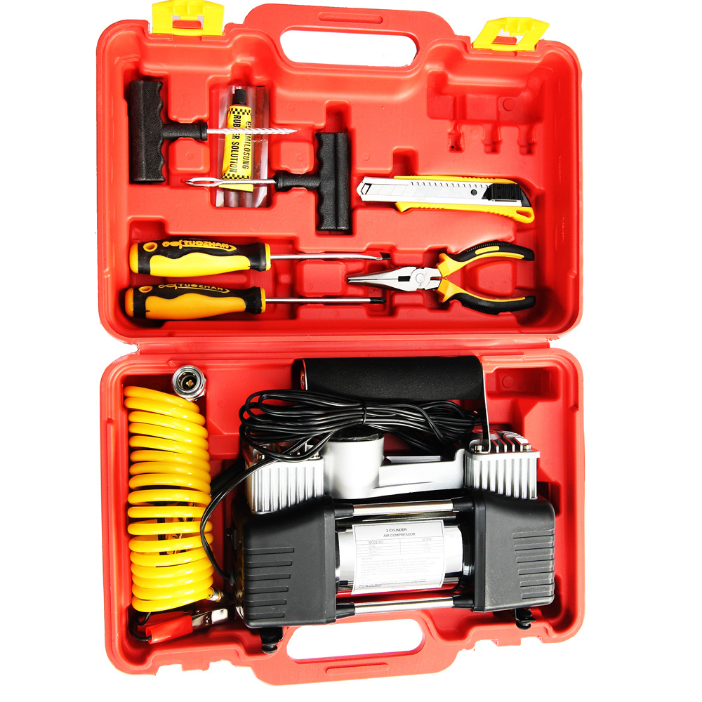 TOLHIT Emergency Car Tyre Repair Tool Kit Heavy Duty  DC 12v Double Cylinder Mini Air Compressor Pump Portable Tire Inflator