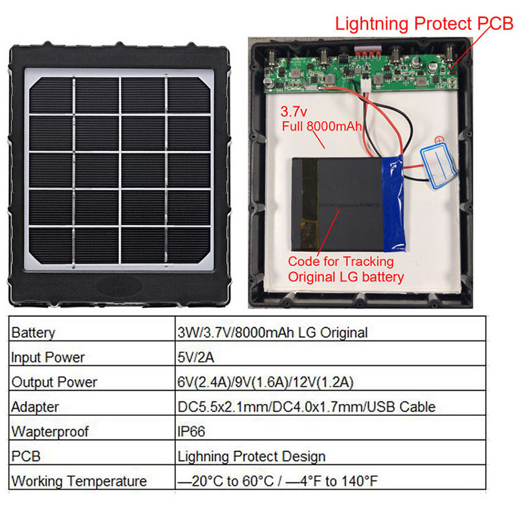 6V 9V 12V solar panel with battery 8000MAh outdoor solar charger for cctv security hunting trail camera