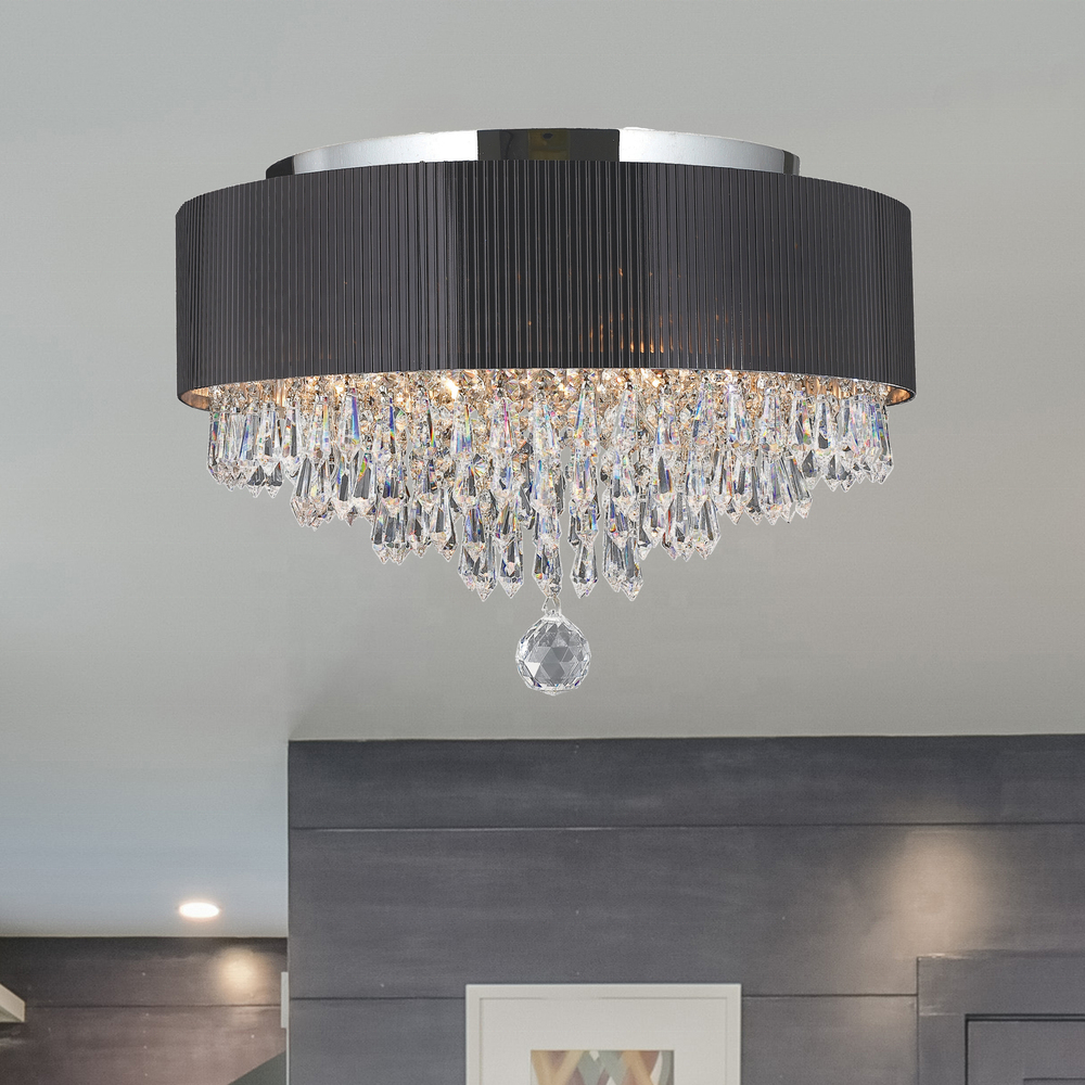 Modern Decorative 4 Lights Chrome Finish Black Acrylic Drum Shade Crystal Living Room Bedroom Ceiling Light