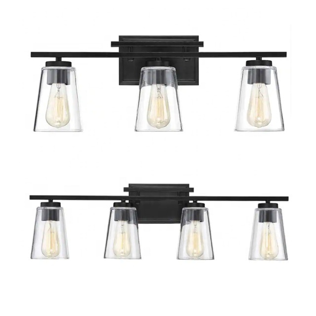 24in vanity lamp black and clear glass bathroom sconce Edison bulbs 3 lights wall lamp light fixtures