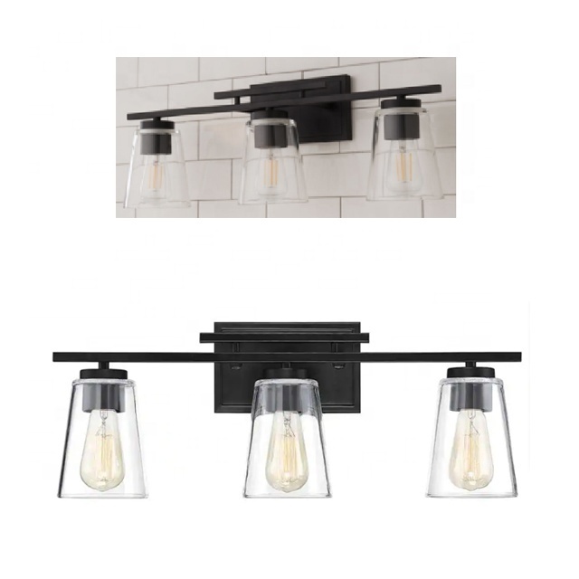 24in vanity lamp black and clear glass bathroom sconce Edison bulbs 3 lights wall lamp light fixtures