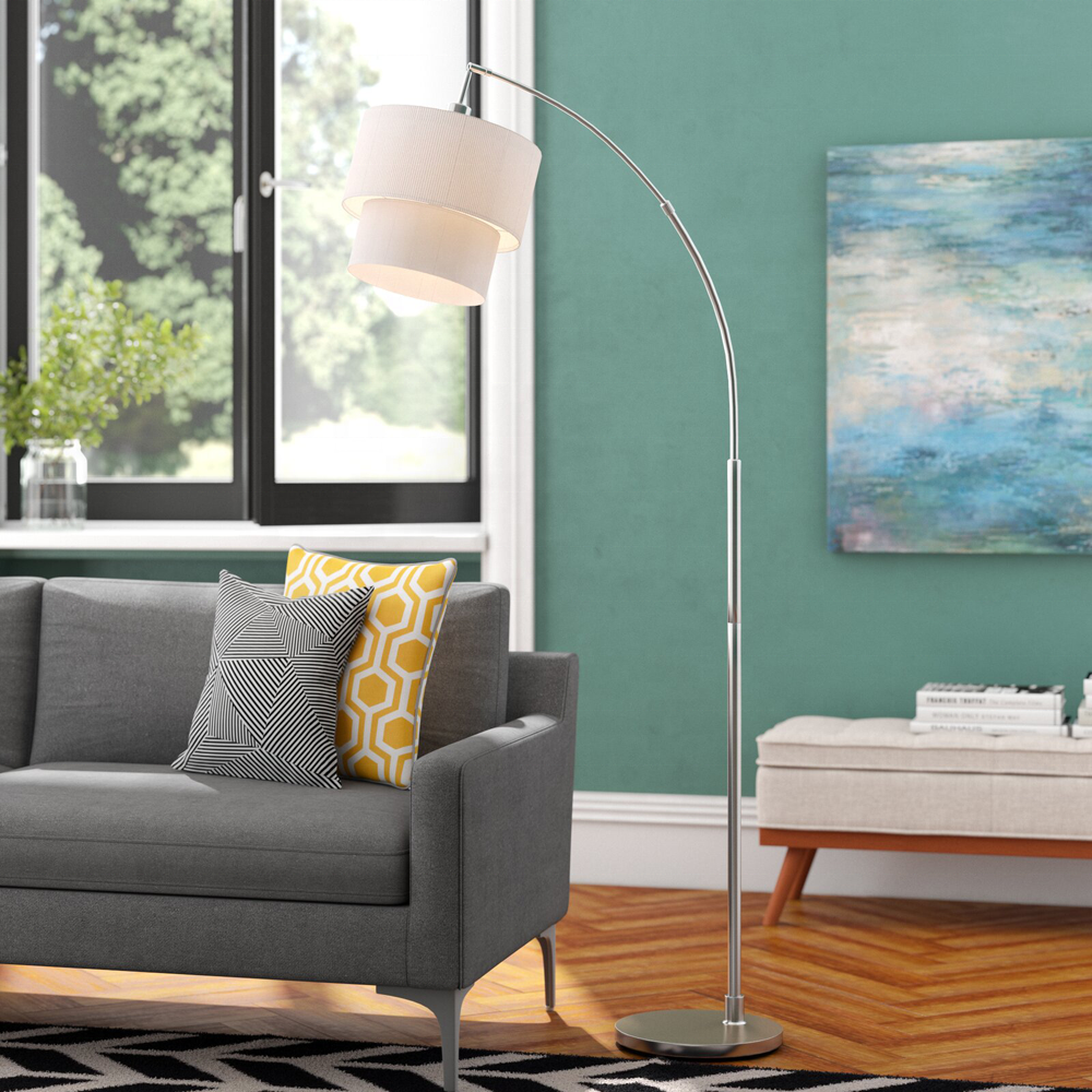 NORDIC SIMPLE GOOD QUALITY FABRIC SHADE LIVING ROOM BEDROOM ARC BRUSHED STEEL FLOOR LAMP