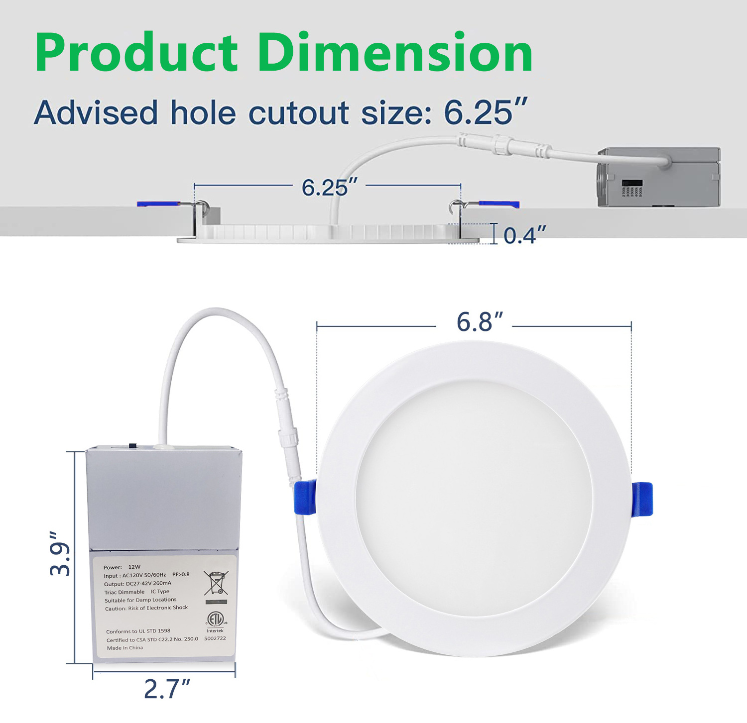 6 Inch Ultra-Thin LED Recessed Ceiling Light with Junction Box, 5CCT Selectable, 12W , Dimmable Can-Killer Downlight, ETL certif