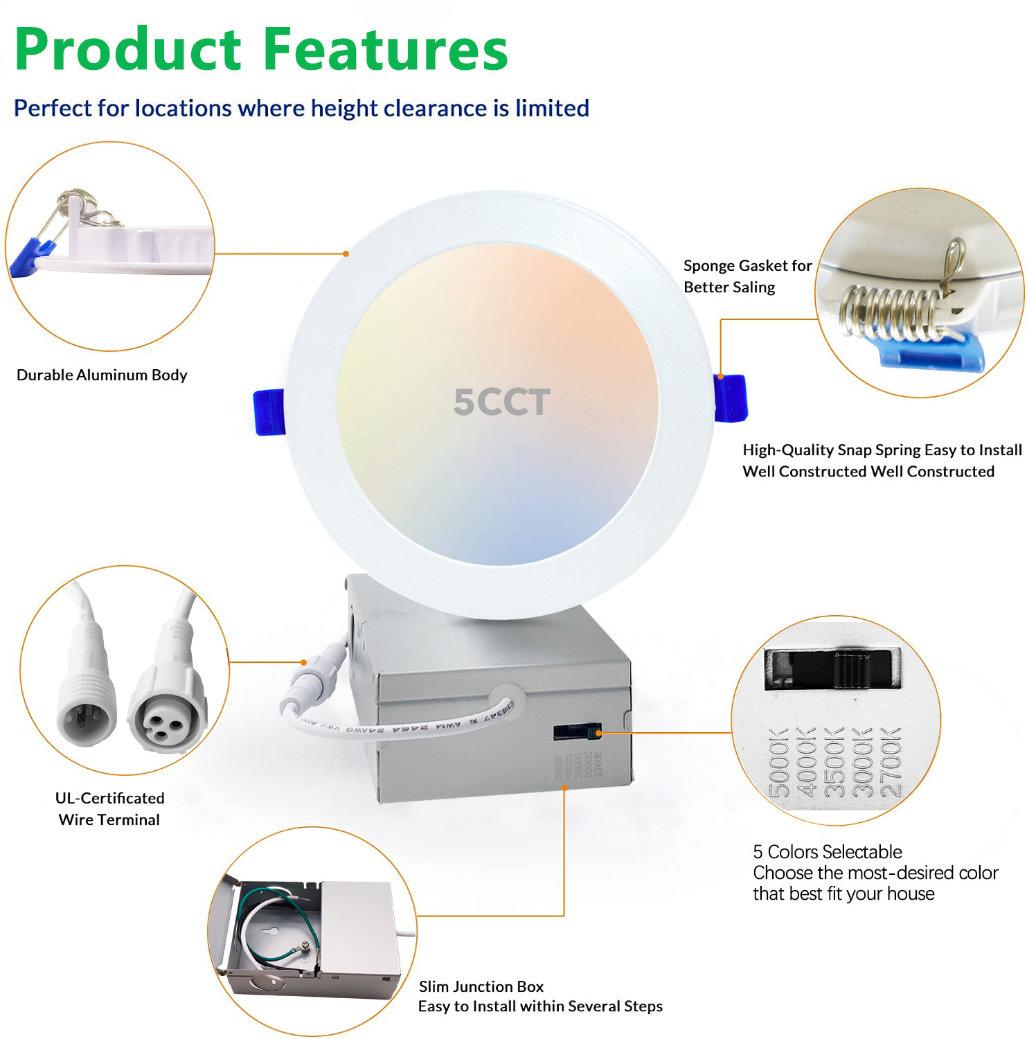 6 Inch Ultra-Thin LED Recessed Ceiling Light with Junction Box, 5CCT Selectable, 12W , Dimmable Can-Killer Downlight, ETL certif