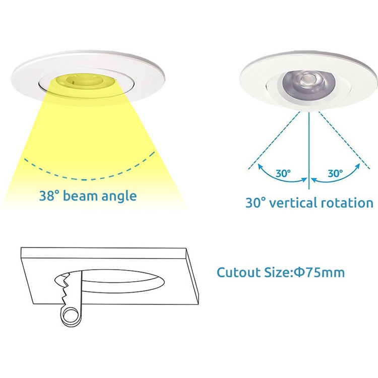 3 Inch Gimbal Recessed Lighting LED with Junction Box Dimmable Swivel Adjustable Eyeball Downlight 7W 650LM CRI 90+ Canless