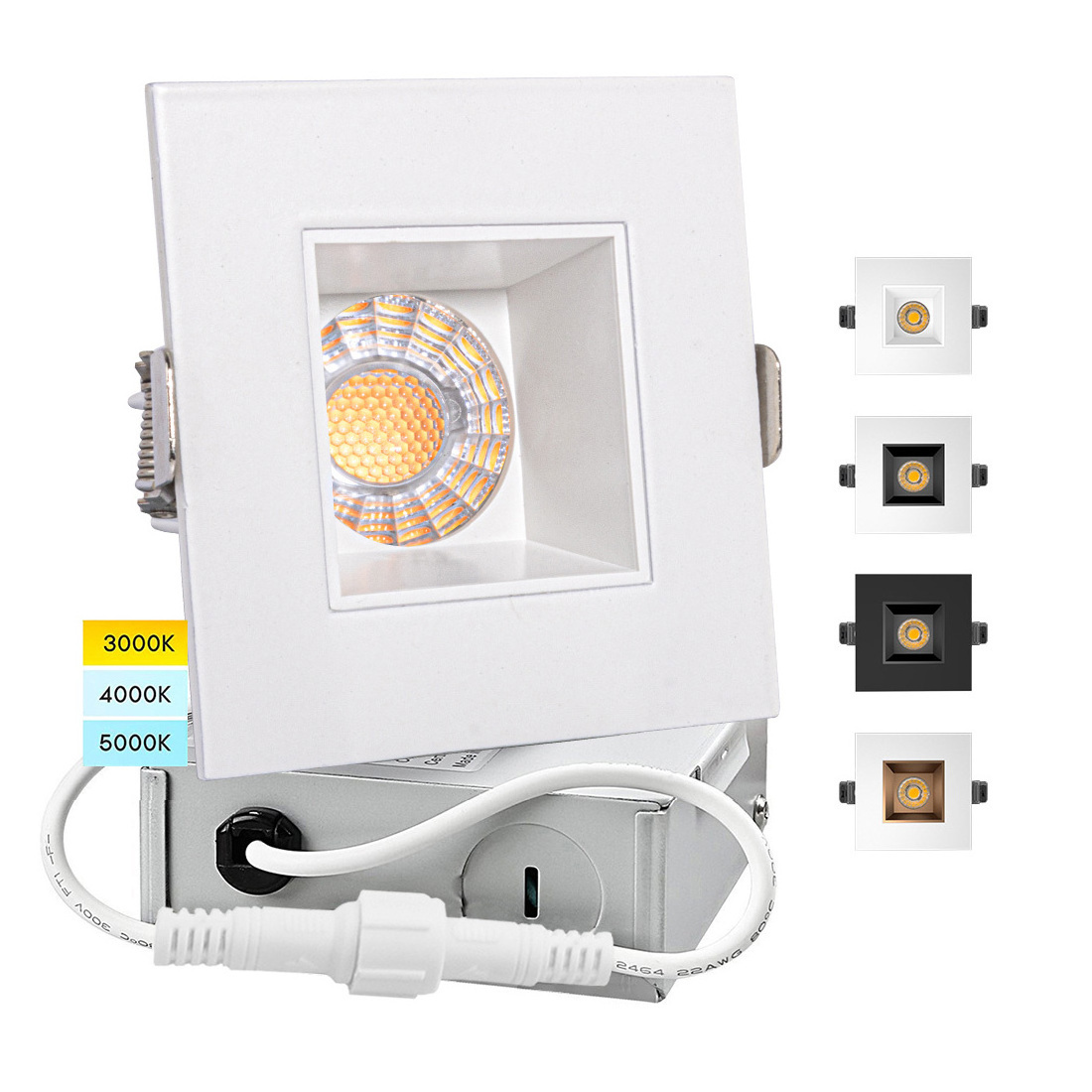 4 Inch 15W 5CCT Square Smooth White Recessed Anti-Glare LED Downlight, Canless IC Rated  Downlight Junction Box Included