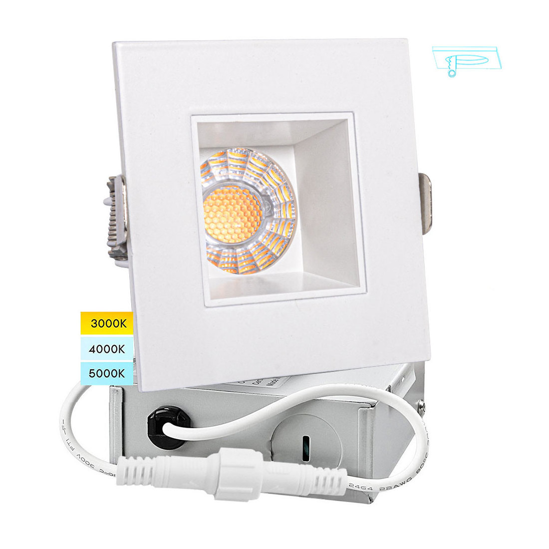 4 Inch 15W 5CCT Square Smooth White Recessed Anti-Glare LED Downlight, Canless IC Rated  Downlight Junction Box Included