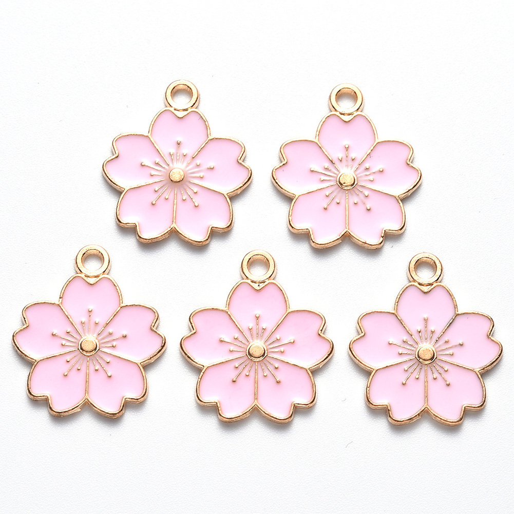 Earrings Necklace Key Chains Accessories Pink Sakura Flower Charms Alloy Enamel Pendants Charms for Jewelry Making