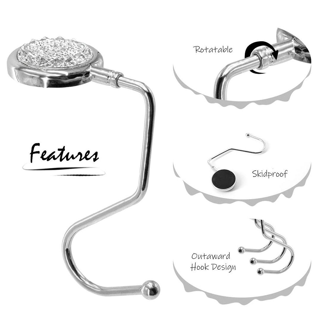 Purse Hook 3D Metal Magnetic Clutch Holder Handbag Hook Rhinestone Hanger for Table Desk Reverse