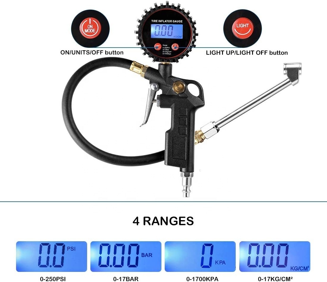 Digital Tire Inflator Pressure Gauge LED Display Tyre Deflator Gage with Dual Head Chuck Rubber Hose MNPT Fitting