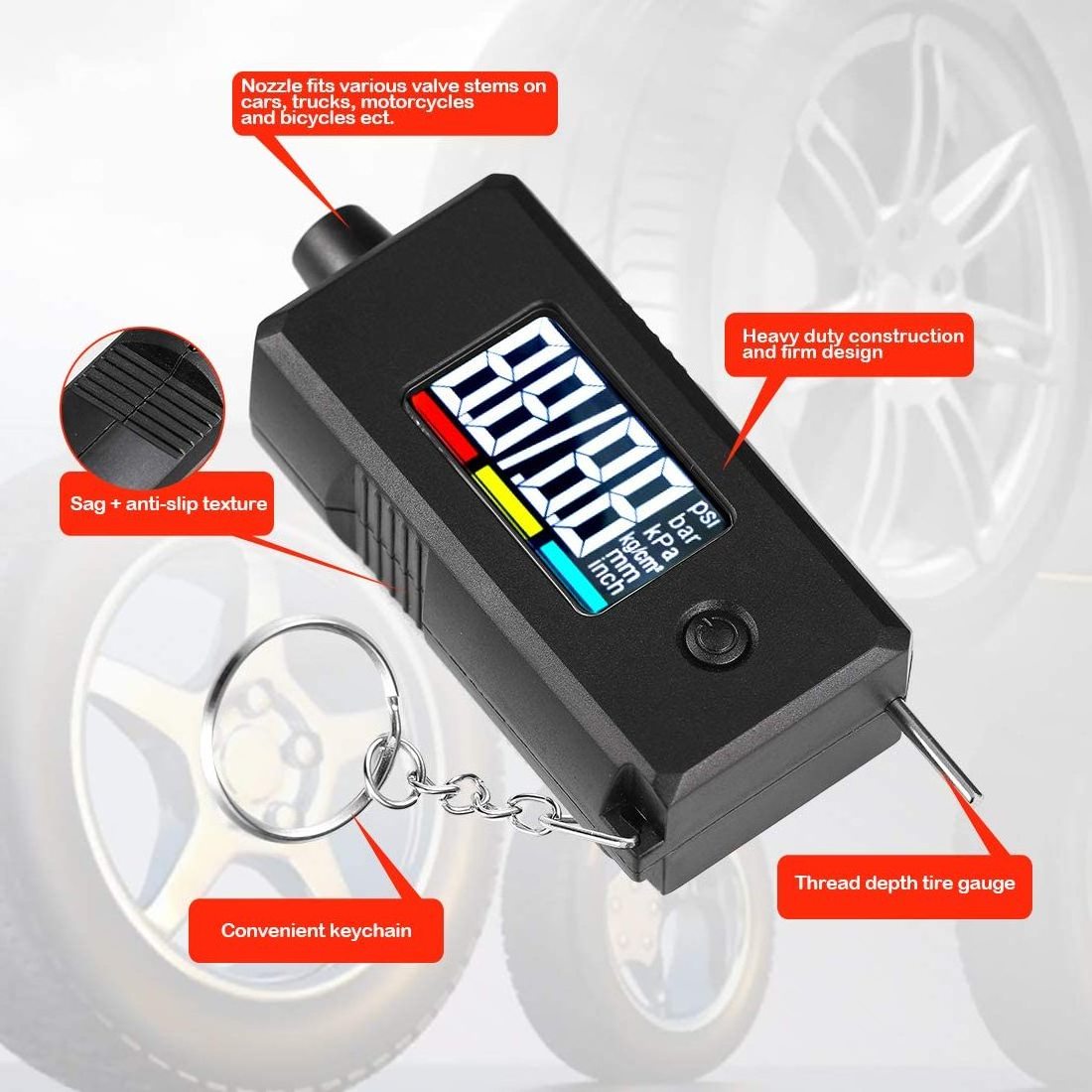 2 in 1 Accurate Digital PSI Tire Gauge Digital Tire Pressure Gauge with Tread For Car Truck Bicycle Motorcycle