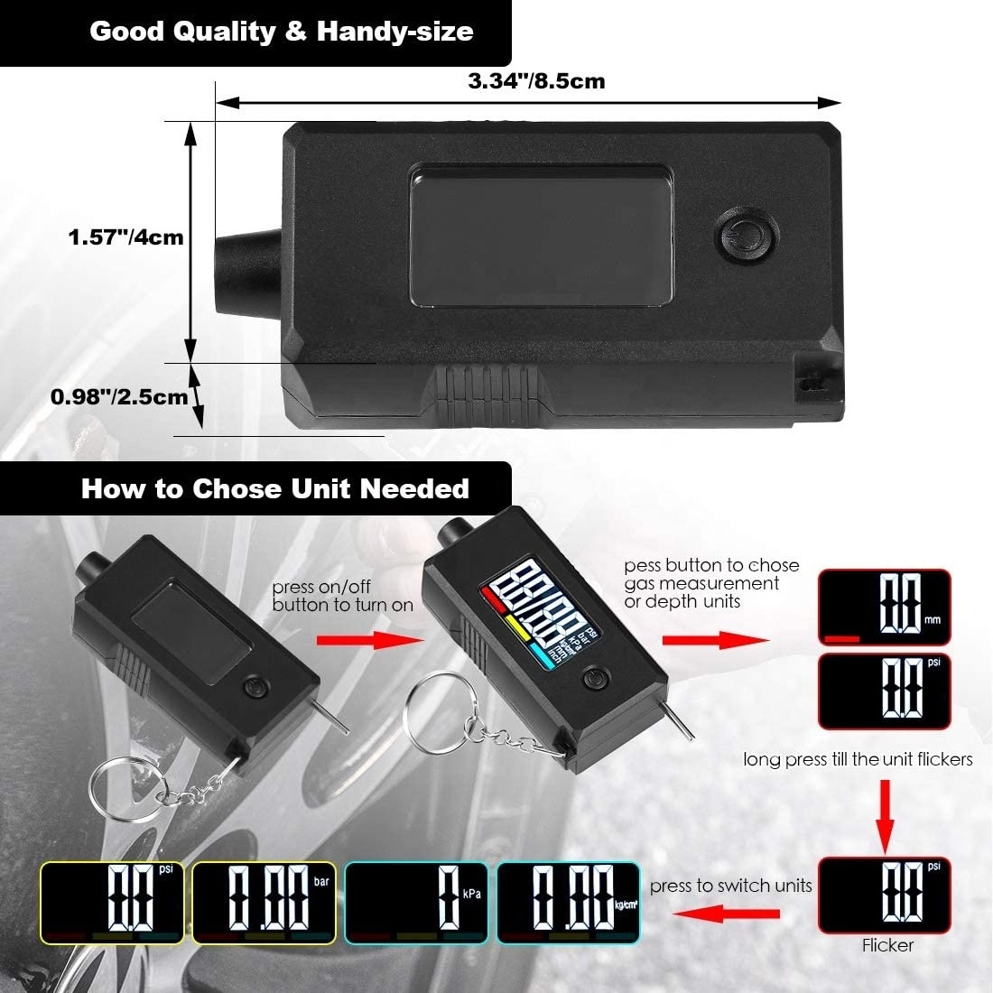 2 in 1 Accurate Digital PSI Tire Gauge Digital Tire Pressure Gauge with Tread For Car Truck Bicycle Motorcycle