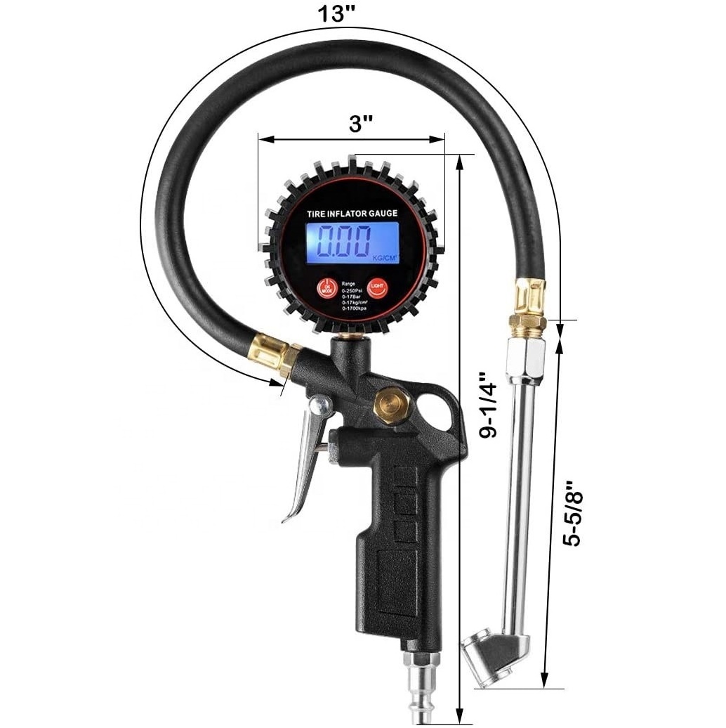 Digital Tire Inflator Pressure Gauge LED Display Tyre Deflator Gage with Dual Head Chuck Rubber Hose MNPT Fitting