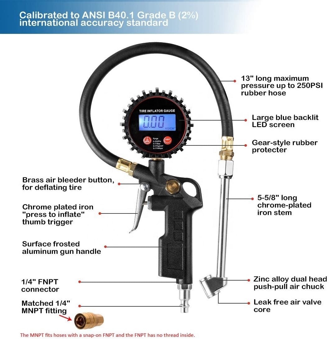 Digital Tire Inflator Pressure Gauge LED Display Tyre Deflator Gage with Dual Head Chuck Rubber Hose MNPT Fitting