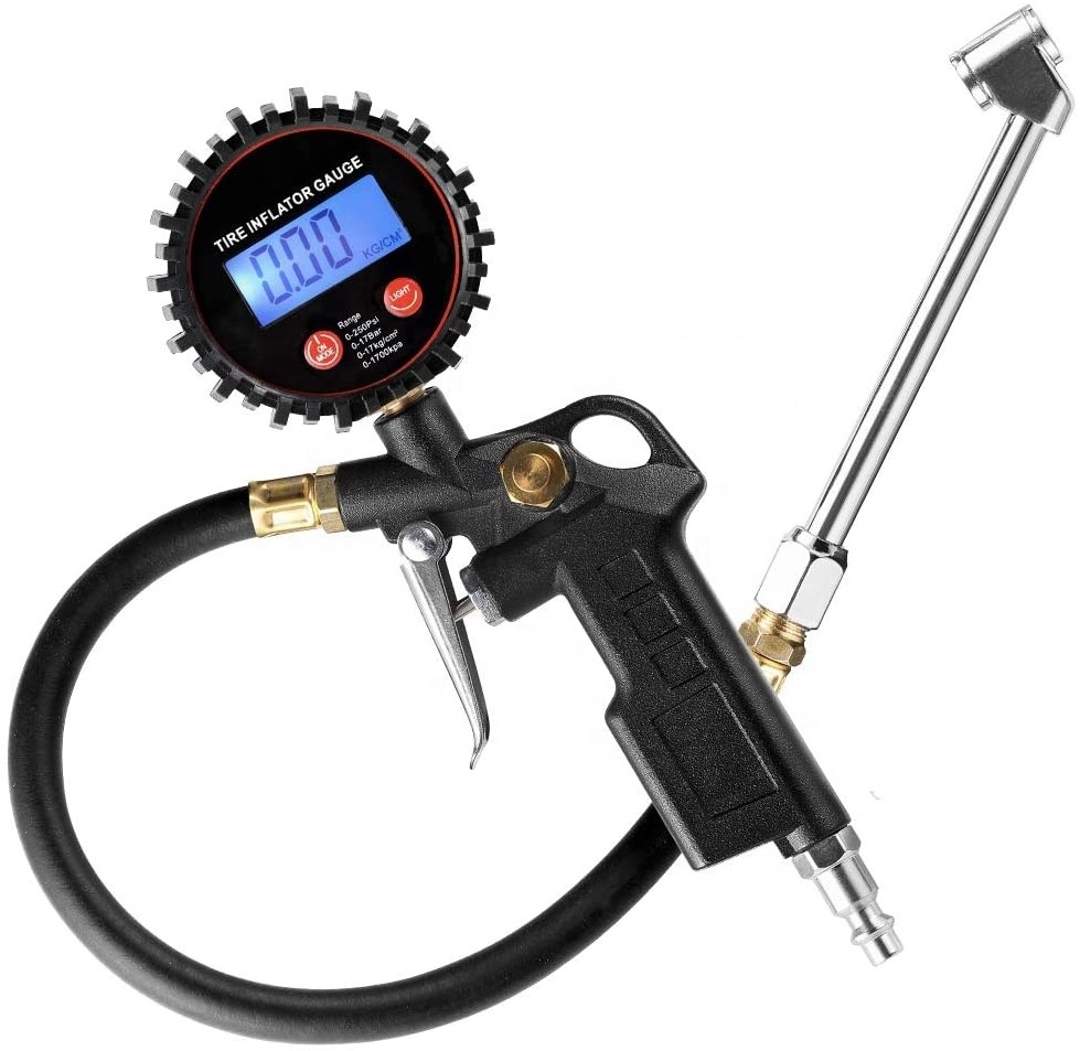 Digital Tire Inflator Pressure Gauge LED Display Tyre Deflator Gage with Dual Head Chuck Rubber Hose MNPT Fitting