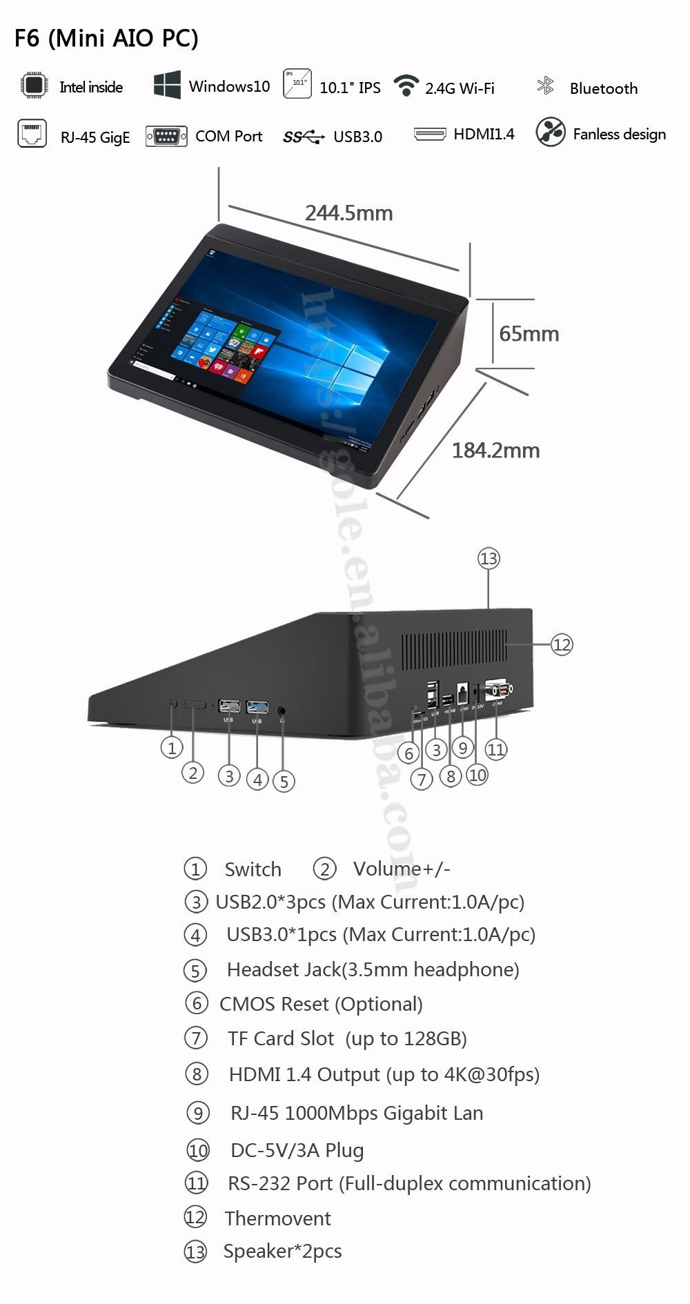 Wholesale F6 10.1 embedded fanless mini pc RS232 DB9 port CPU Z8350 Quad core industrial computer