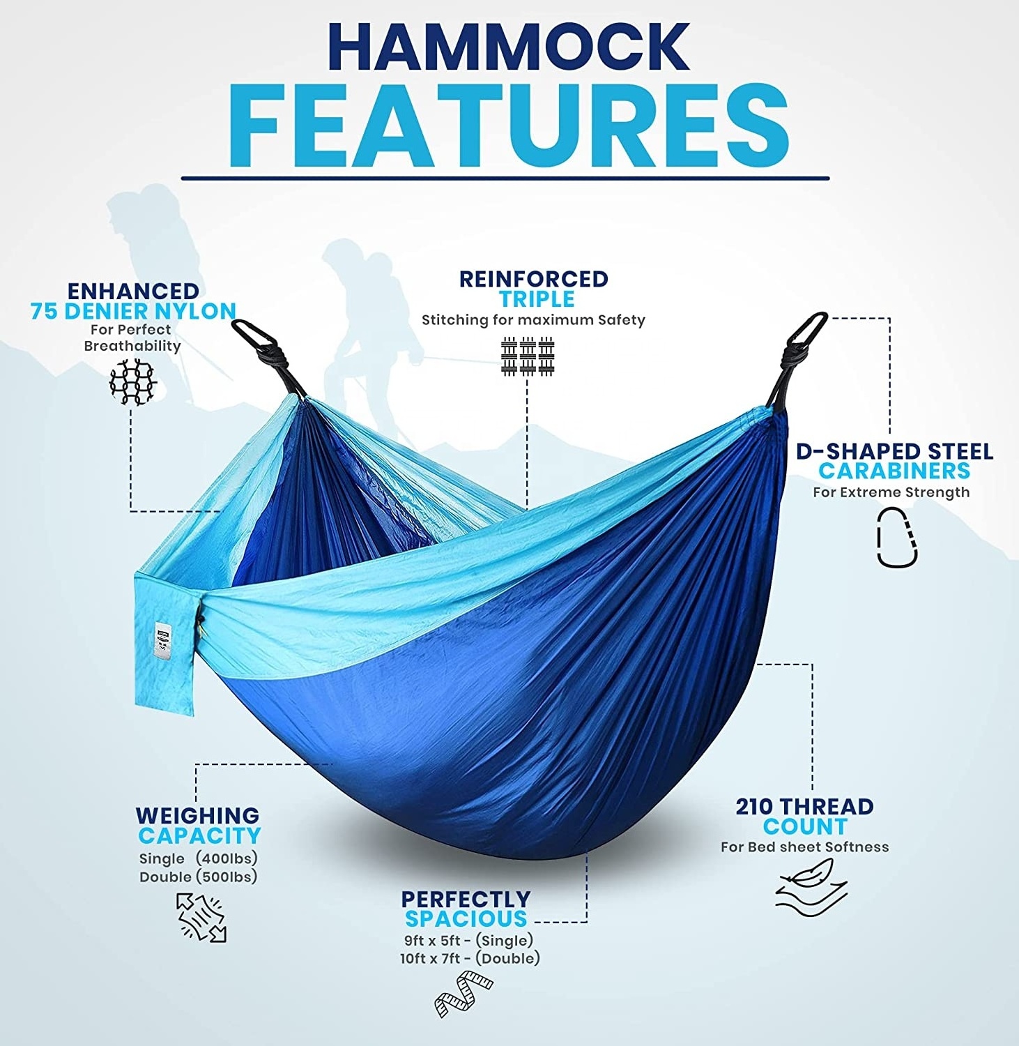 Camping Hammock for 1-2 People with Tree Straps, Lightweight Portable Nylon Parachute Hammock for Hiking Backpacking