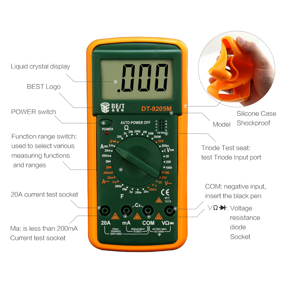 BST 9205M Top Professional Auto Range Digital Multimetre/Multimeter 6000 Counts AC Voltage Current Pocket Tester