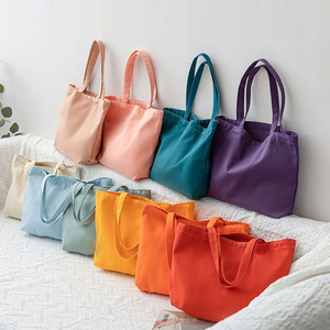 Wholesale Custom Logo Imprinted Women's College Canvas Tote Bag Reusable Cotton Handle Grocery Shopping Bag Pocket Colorful