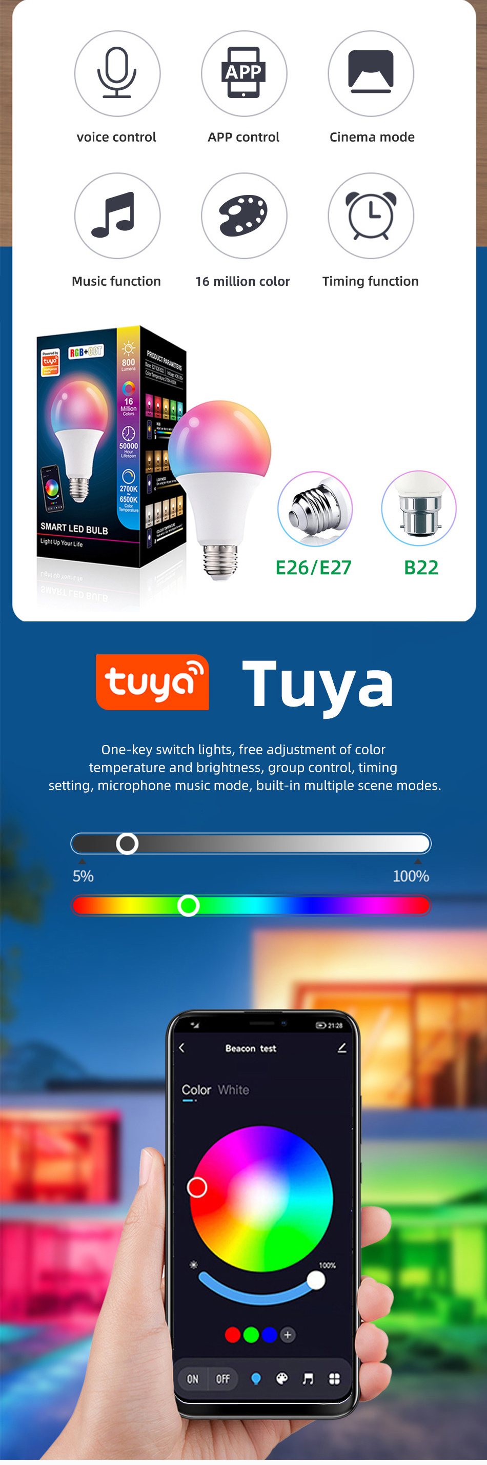 Tuya Alexa Lamp 10w 15w Lightbulb B22 E26 E27 Bulb Lamp Smart Led Bulb Smart Bulb Wifi Rgb AC Luces Led Bluetooth Lamp