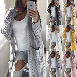 Women Long Double Pocket Full Body Woven Fried Dough Twist Oversized Knitted Sweaters Ladies Coat Cardigan Plus Size Sweaters