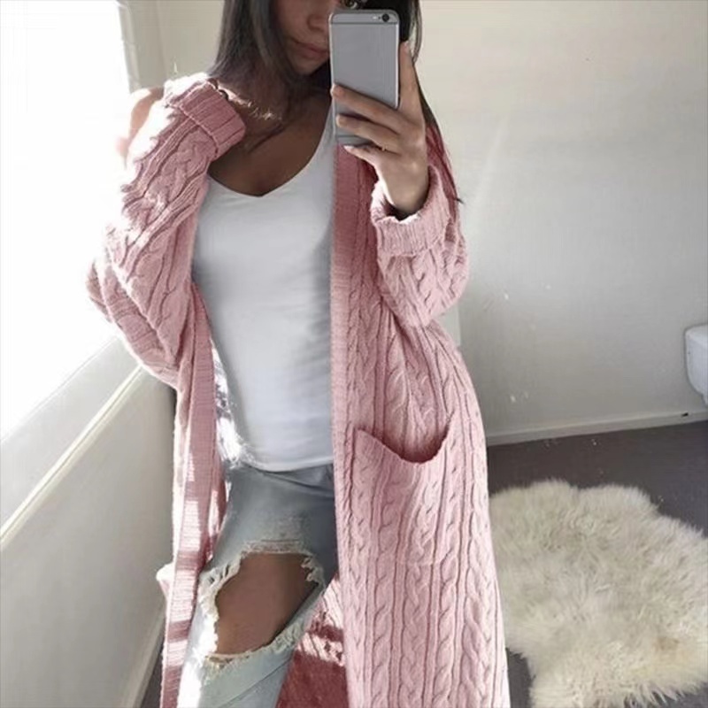 Women Long Double Pocket Full Body Woven Fried Dough Twist Oversized Knitted Sweaters Ladies Coat Cardigan Plus Size Sweaters