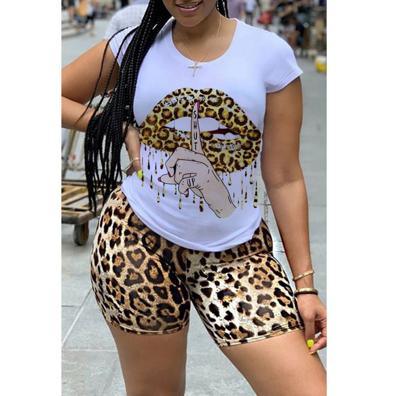 Plus Size Women'S Two Piece Tracksuit Lip Print T Shirt Top Leopard Print Biker Shorts Tracksuit 2 Piece Women'S