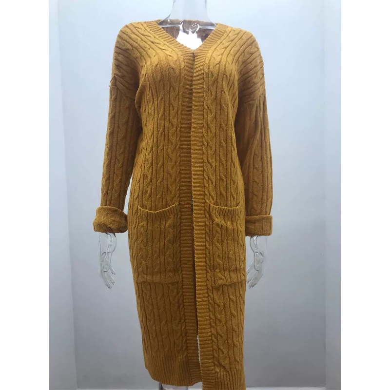 Women Long Double Pocket Full Body Woven Fried Dough Twist Oversized Knitted Sweaters Ladies Coat Cardigan Plus Size Sweaters