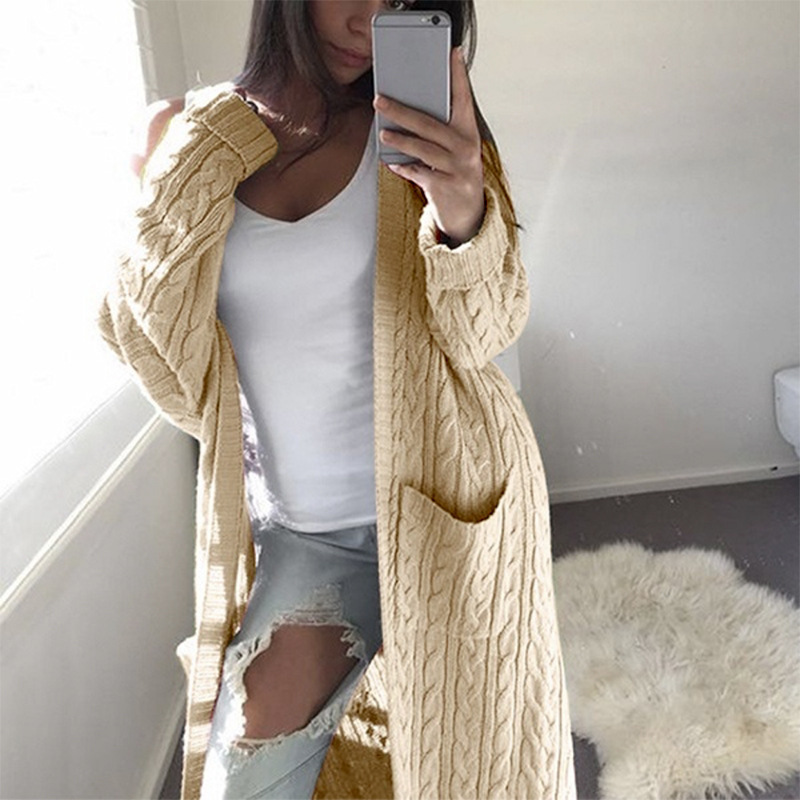 Women Long Double Pocket Full Body Woven Fried Dough Twist Oversized Knitted Sweaters Ladies Coat Cardigan Plus Size Sweaters