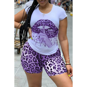 Plus Size Women'S Two Piece Tracksuit Lip Print T Shirt Top Leopard Print Biker Shorts Tracksuit 2 Piece Women'S