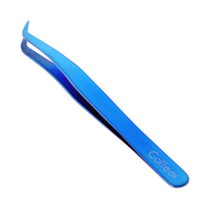 Gollee Blue Stainless Steel Bulk Curved For Case Titanium Steel Custom Private Label Eyelash Extension Tweezers Eyelash Tweezers