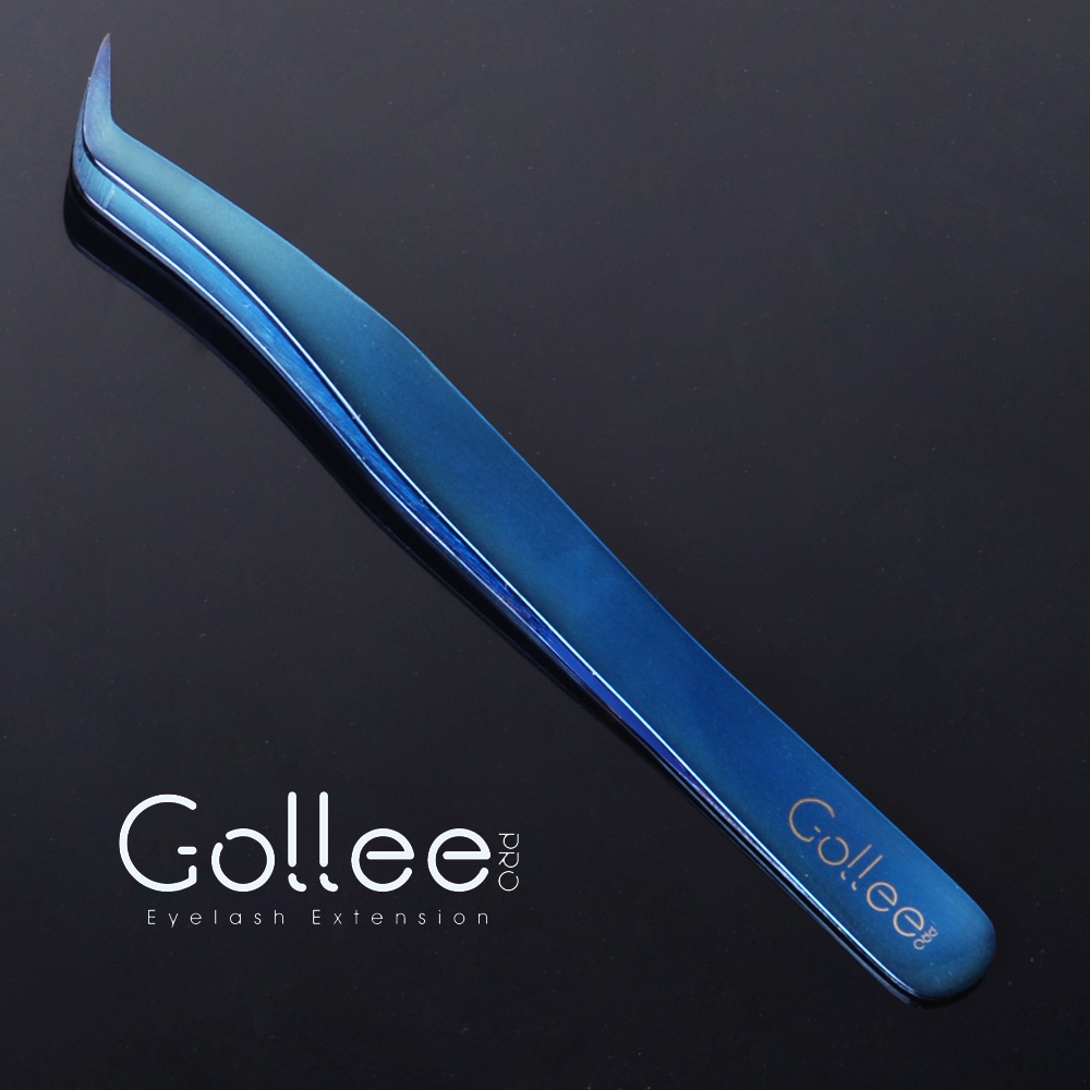 Gollee Blue Stainless Steel Bulk Curved For Case Titanium Steel Custom Private Label Eyelash Extension Tweezers Eyelash Tweezers