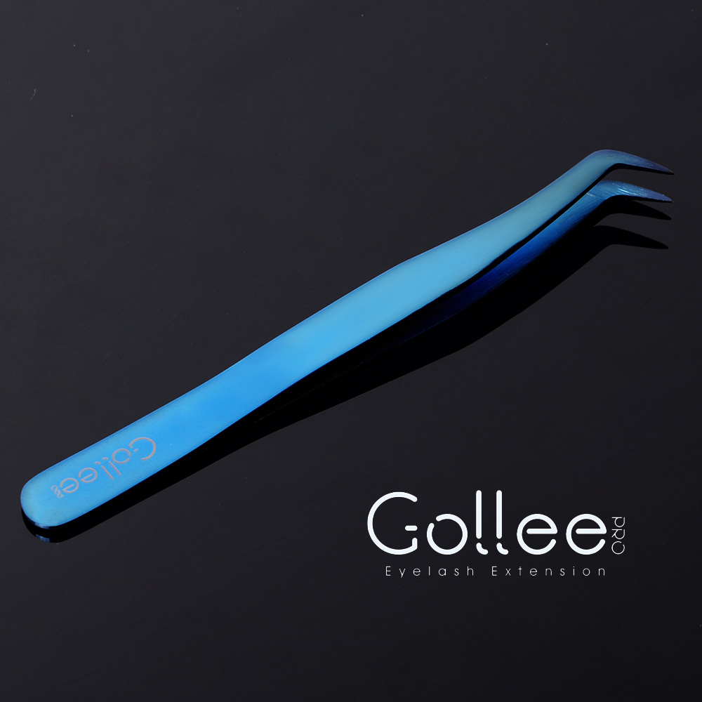 Gollee Blue Stainless Steel Bulk Curved For Case Titanium Steel Custom Private Label Eyelash Extension Tweezers Eyelash Tweezers