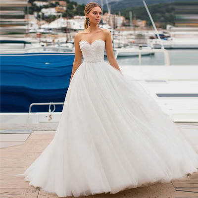 A-Line Elegant Prom Maxi Luxury Gown Bridal Wedding Dress 2021 Strapless Sweetheart Lace Up White Tulle Appliques Vestido