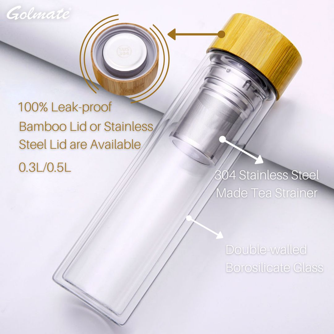 Bamboo lid tea infuser 500ml double walled borosilicate glass water bottle