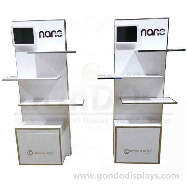 Big Floor Retail Video MDF Mall 4 Shelves white cosmetic display stand wood wooden display stand shelf for cosmetics display