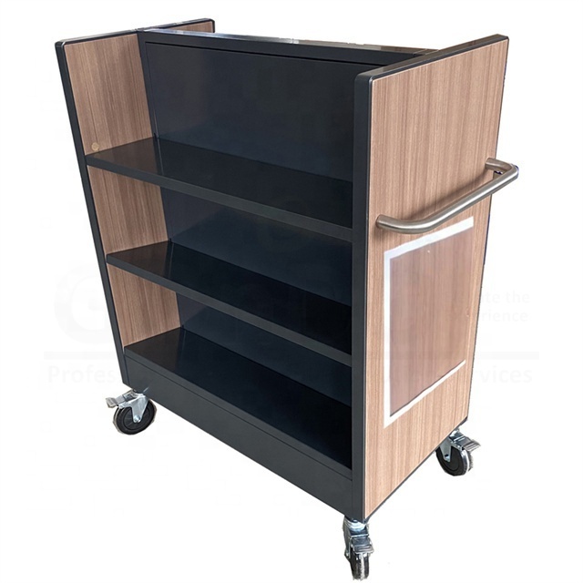 Custom Double Sided Wood metal retail fixture market candy Book Trolley wooden display cart with wheels A3 acrylic Sign Holder